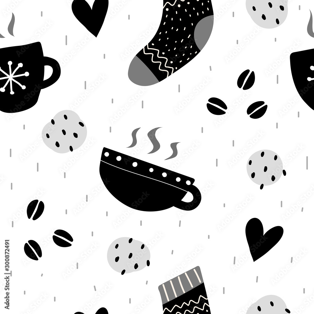 Fototapeta Seamless pattern with cartoon cups, socks, hearts, decor elements. vector. hand drawing. coffee and tea theme. design for fabric, textile, wrapper
