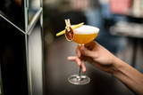 Bartender serving yellow alcoholic cocktail in the glass with a dried lemon and leaf in the clothespin