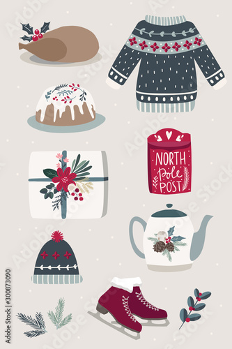 Merry Christmas greeting card or poster with cute hand drawn clipart elements in modern scandinavian style, farmhouse christmas, gift box, sweater, hat, cozy home, winter holidays