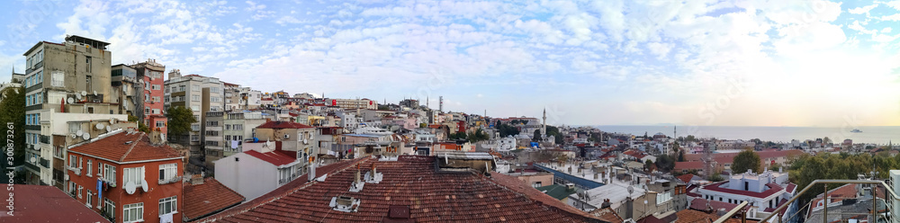Top view of Sultanahmet district in Istanbul (Turkey) with mosques minarets and Sea of ​​Marmara on the horizon. Beautiful widescreen panorama of Old Town residential area, background with copy space