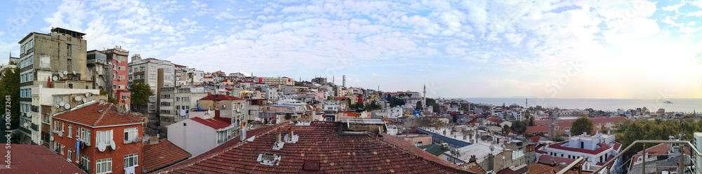 Top view of Sultanahmet district in Istanbul (Turkey) with mosques minarets and Sea of Marmara on the horizon. Beautiful widescreen panorama of Old Town residential area, background with copy space Top view of Sultanahmet district in Istanbul (Turkey) with mosques minarets and Sea of Marmara on the horizon. Beautiful widescreen panorama of Old Town residential area, background with copy space