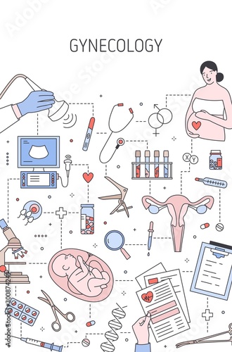Gynecology vector banner template. Medical observation of pregnant woman. Healthcare service, prenatal diagnostics. Female health monitoring, future mom ultrasound examination poster design.
