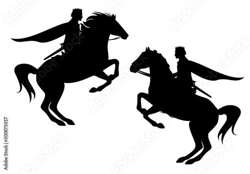 medieval fairy tale prince riding horse reaing up - fantasy hero rider black vector silhouette set