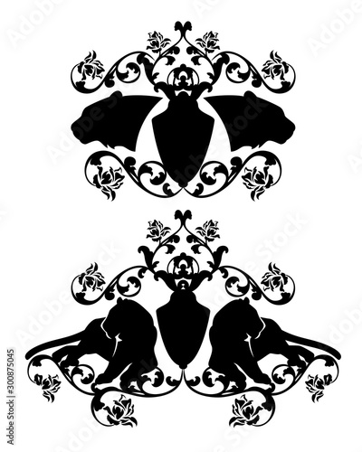wild tiger coat of arms - big cat with heraldic shield among rose flowers black vector silhouette set