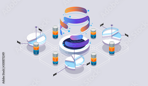 Isometric design concept virtual reality and augmented reality. software development and programming. Computation of big data center, quantum computer isometric vector technology