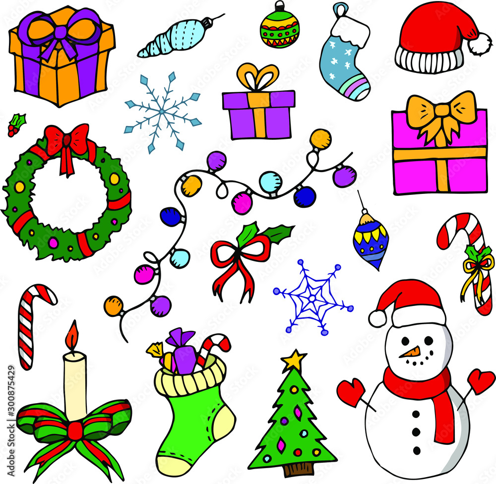 Christmas Winter Holiday Cartoon Doodle Vector Sketch Line Isolated Elements Collection