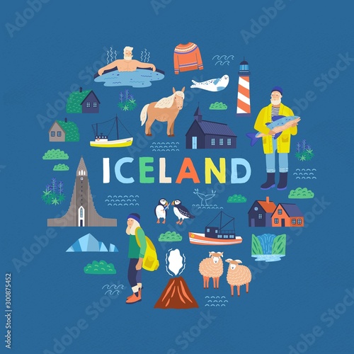 Iceland symbols flat vector illustrations. Tourist postcard decorative design element. Traditional Islandic people, animals and national landmarks composition with colorful typography.
