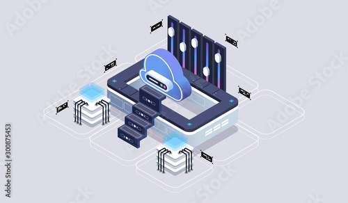 Isometric design concept virtual reality and augmented reality. software development and programming. Computation of big data center, quantum computer isometric vector technology