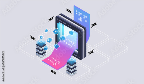 Isometric design concept virtual reality and augmented reality. software development and programming. Computation of big data center, quantum computer isometric vector technology