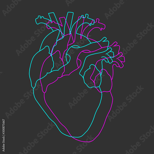 Neon blue and purple synthwave human heart line on dark grey background