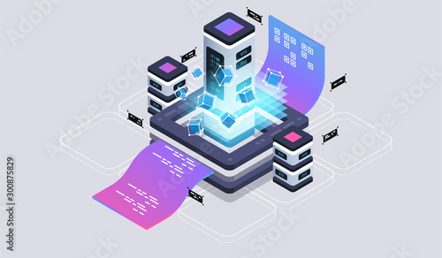 Isometric design concept virtual reality and augmented reality. software development and programming. Computation of big data center, quantum computer isometric vector technology