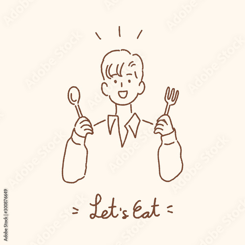 Young man holding spoon and fork with Let's Eat handwritten lettering, eating dining concept, hand-drawn style vector illustration.