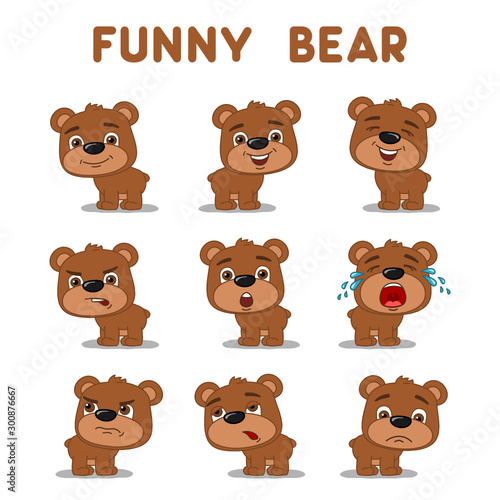 Set of expression of emotions of funny little bear in different poses isolated on white background
