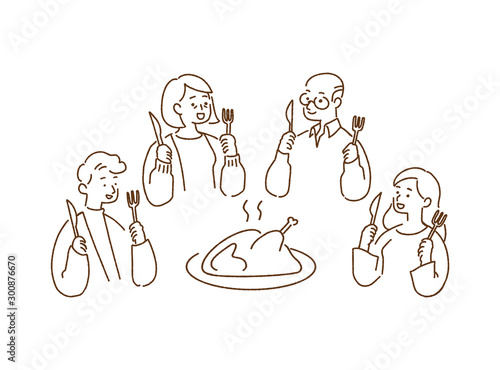 Happy family dinner with roast turkey, thanksgiving concept, hand-drawn style vector illustration.