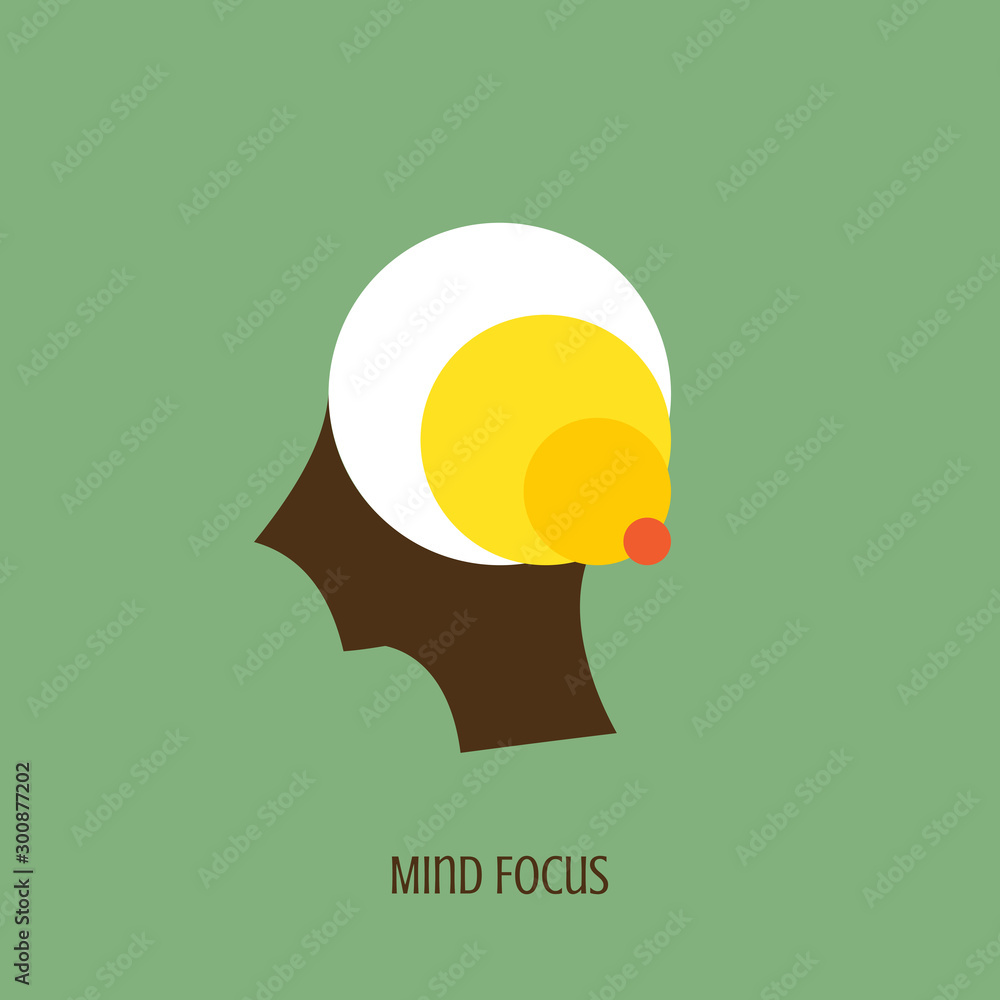 Mind focus icon concept with red point in the drawing of human brain ...