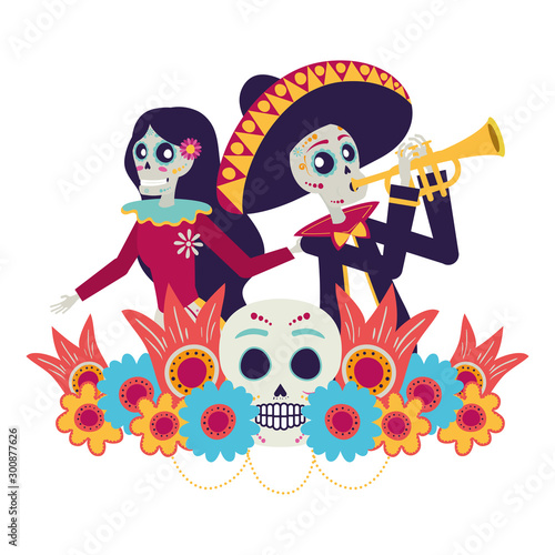 catrina and mariachi playing trumpet characters