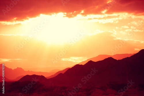 Mountain nature landscape. Desert in the early morning. Beautiful sunrise in the mountains
