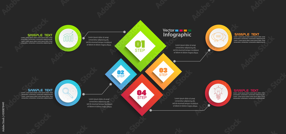 Four steps infographics with colorful squares on black background . Vector chart, diagram, graph with steps, options, parts, processes with square elements. Vector business. Eps 10 Four steps infographics with colorful squares on black background . Vector chart, diagram, graph with steps, options, parts, processes with square elements. Vector business. Eps 10
