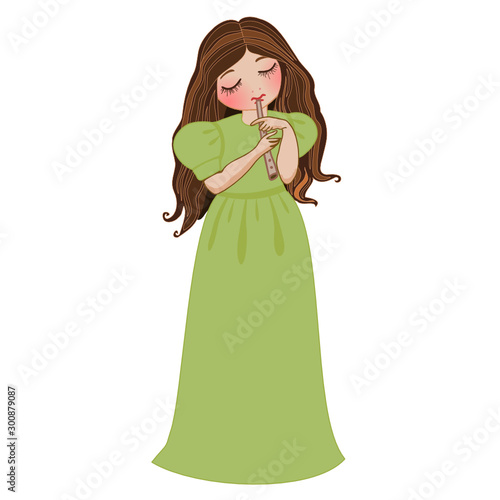 girl in a floor-length concert green dress playing the flute, color clip-art on a white isolated background