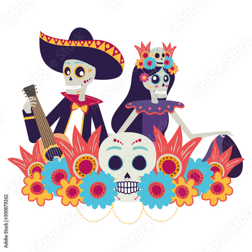 catrina and mariachi skulls dancing and playing guitar