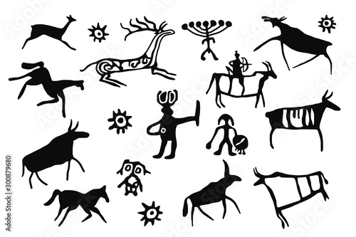 A series of petroglyphs, rock paintings of Siberia, vector design