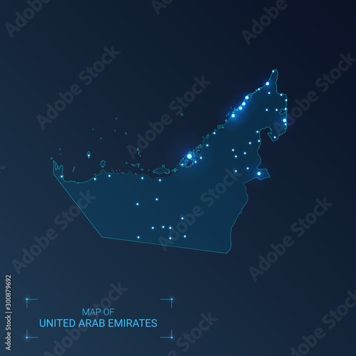 United Arab Emirates map with cities. Luminous dots - neon lights on dark background. Vector illustration.