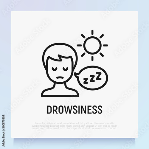 Drowsiness thin line icon. Abnormal sleepiness during the day. Illness symptom. Modern vector illustration.