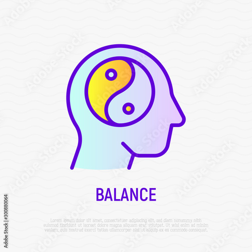 Mental balance thin line icon. Yin Yang symbol in human head. Mental health. Modern vector illustration.