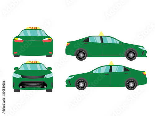 Set of taxi green car view on white backgruond,illustration vector,Side, front, back,Business sedan isolated
