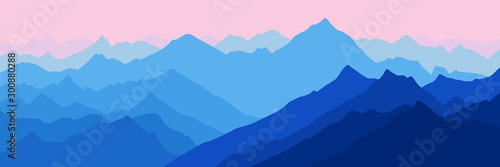 Fantasy on the theme of the morning landscape, sunrise in the mountains, panoramic view, vector illustration