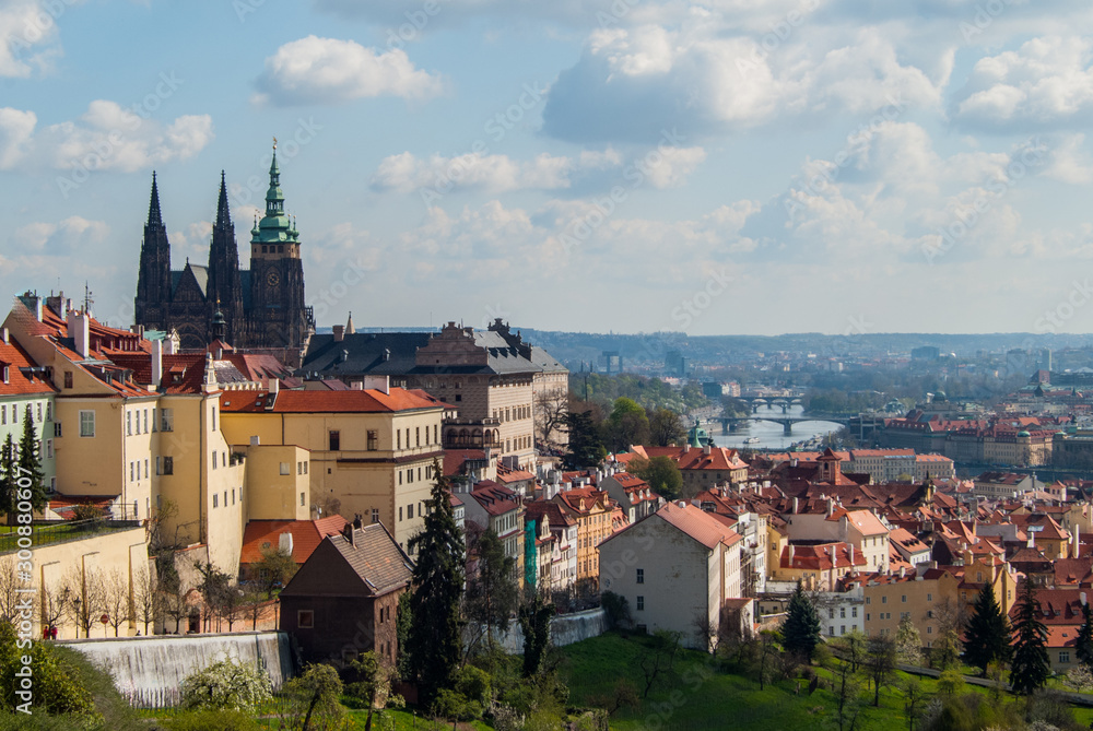 Sunny morning view to Prague city, Saint Vitus cathedral and Vltava river
