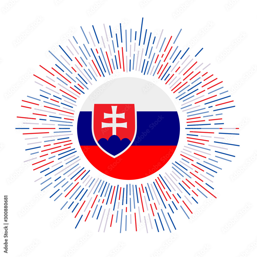 Slovakia sign. Country flag with colorful rays. Radiant sunburst with Slovakia flag. Vector illustration.