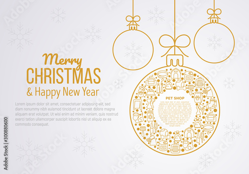 Concept with pet shop products in Christmas ball with thin line icons: pet feeders, cat toys, doggie doors, dental hygiene, muzzle, snacks, hygienic bags. Modern vector illustration