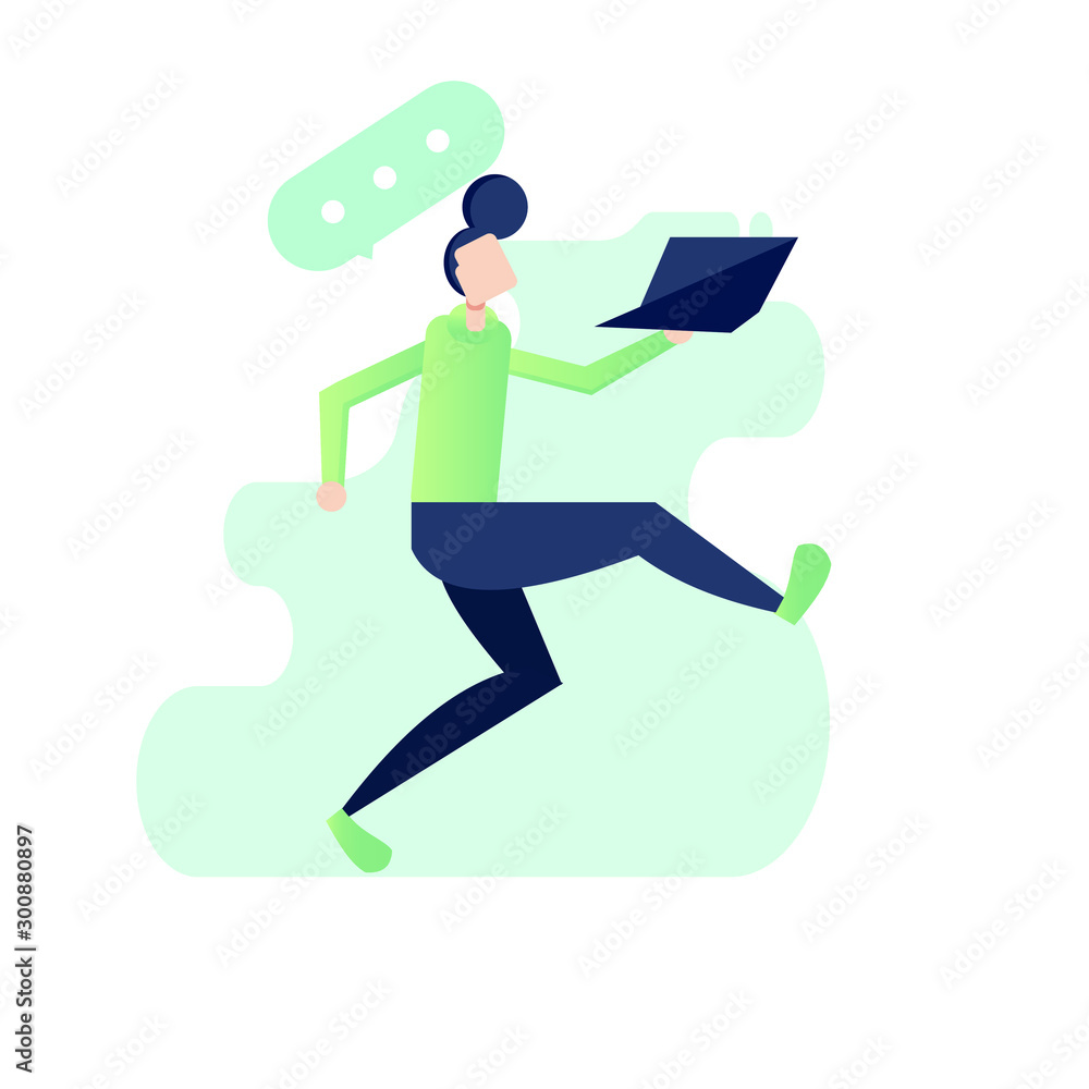 Business concept - clerk running with laptop Business concept - clerk running with laptop