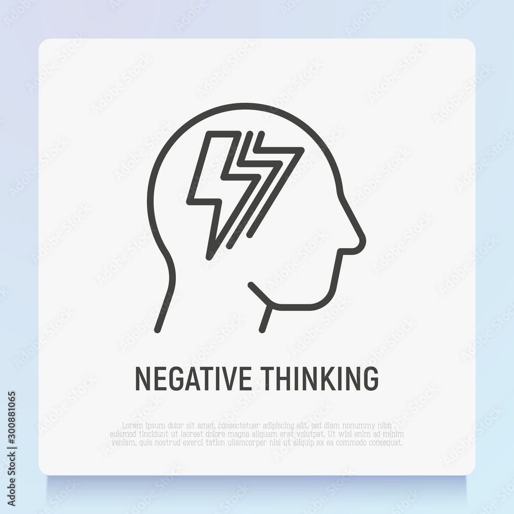 Negative thinking thin line icon. Flash in silhouette of man head. Depression, anxiety, frustration. Modern vector illustration of mental health. Negative thinking thin line icon. Flash in silhouette of man head. Depression, anxiety, frustration. Modern vector illustration of mental health.
