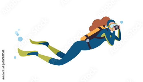 Swimming scuba diver flat vector illustration
