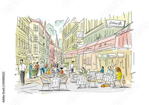 Old european street with cafe and restaurants, sketch for your design