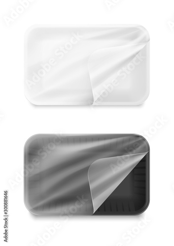 Set of tray mockup container. Vector illustration isolated on white background. Template ready for your design. EPS10.	