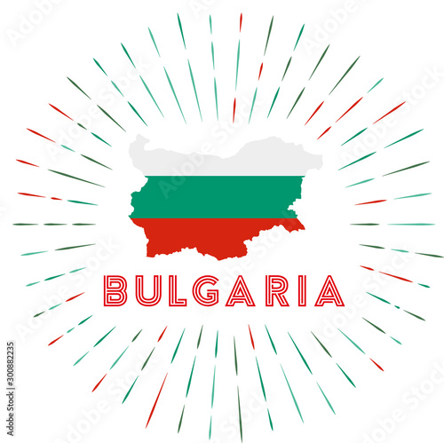 Bulgaria sunburst badge. The country sign with a map of Bulgaria with the Bulgarian flag. Colorful rays around the logo. Vector illustration.