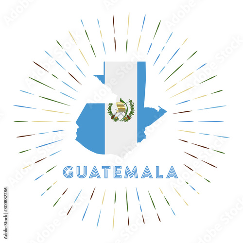 Guatemala sunburst badge. The country sign with a map of Guatemala with the Guatemalan flag. Colorful rays around the logo. Vector illustration.