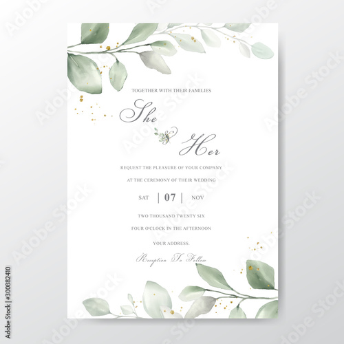 Watercolor Wedding Invitation template card With Beautiful Foliage