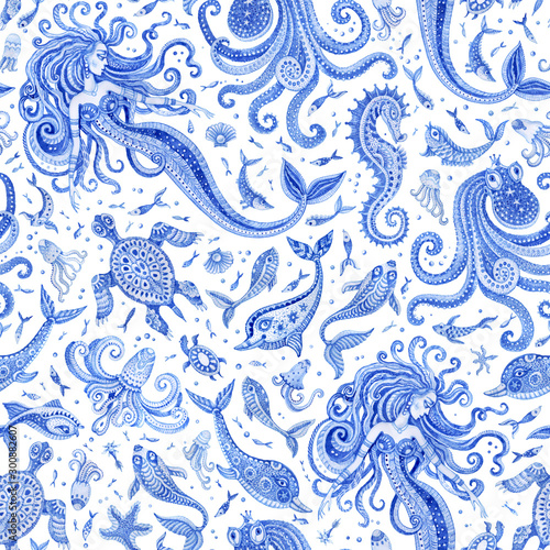 Seamless Baroque wallpaper pattern of indigo blue fairy tale sea animals and mermaid. Watercolor fantasy fish, octopus, dolphin, sea shells, bubbles, isolated on a white background 