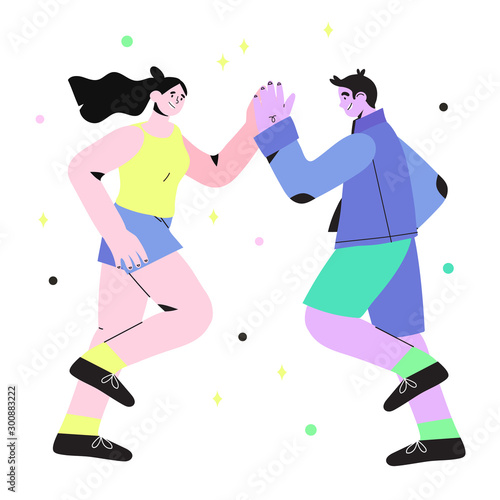 Vector illustration of two people or colleagues giving high five and are pleased with the result of hard work. Concept of business or startup success, teamwork, cooperation, score a deal or nailed it.