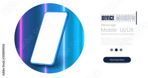 Smartphone frameless blank screen, rotated position. Pohne 3D isometric illustration. Mockup generic device. Futuristic Sci-Fi Modern empty stage reflective  circle  with purple and blue glowing neon