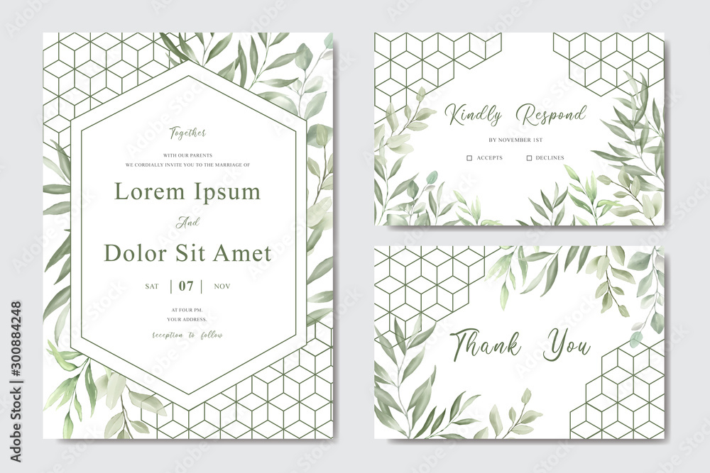 Obraz Watercolor Wedding Invitation template card With Beautiful Foliage