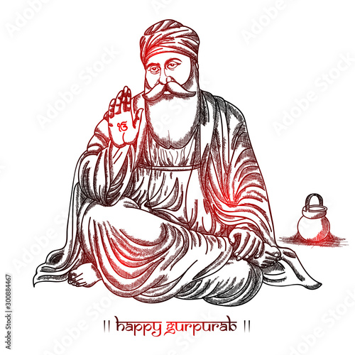 Beautiful sketch with red shine Illustration  of guru nanak ji on the guru nanak jayanti (Gurpurab).