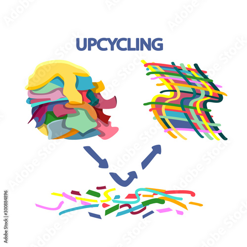 Upcycling of Outworn clothes. Reuse of textile. Illustration of recycling and reutilization Reducing waste photo