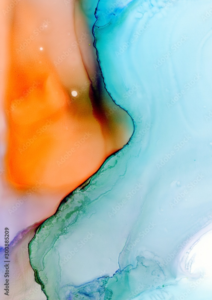 Fototapeta premium Abstract background in alcohol ink technique. Turquoise and orange marble texture. Wash drawing effect wallpaper. Modern illustration for card design, creative banners and ethereal graphic design.