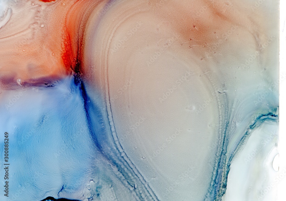 Abstract background alcohol ink technique. Blue, orange red and brown marble texture. Wash drawing effect wallpaper. Modern illustration for card design, banners and ethereal graphic design.