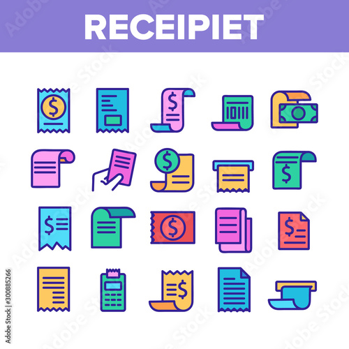 Receipt Bill Collection Elements Icons Set Vector Thin Line. Receipt Invoice With Dollar Mark, Money Banknote And Calculator Concept Linear Pictograms. Color Contour Illustrations